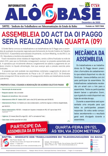 Assembleia do ACT da Oi Paggo será realizada na quarta (09) 
