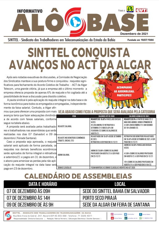 Sinttel conquista avanços no ACT da Algar Telecom