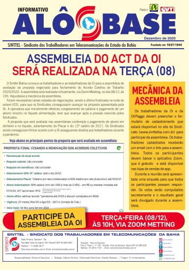 Assembleia do ACT da Oi será realizada na terça (08) 