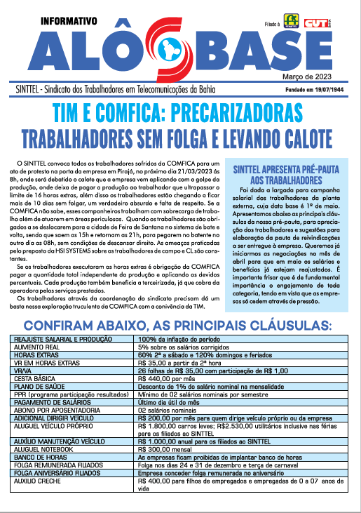 INFORMATIVO - TIM E COMFICA: PRECARIZADORAS -  TRABALHADORES SEM FOLGA E LEVANDO CALOTE 