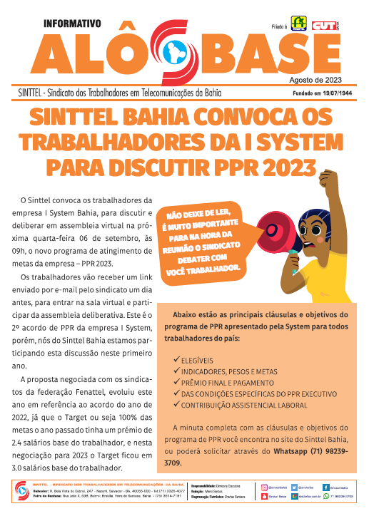 INFORMATIVO: SINTTEL BAHIA CONVOCA OS TRABALHADORES DA I SYSTEM PARA DISCUTIR PPR 2023 