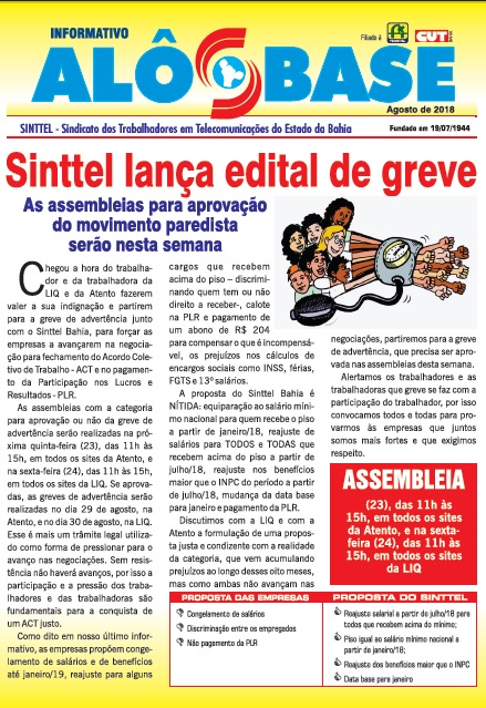 Sinttel lança edital de greve na LIQ  e na Atento